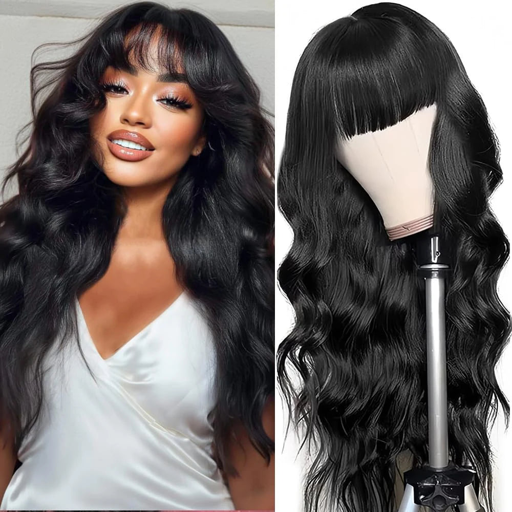 Body Wave Wigs with Bangs 3x1 Middle Part Lace Wig Human Hair Pre Plucked Body Wave Real Human Wigs with Bangs for Women 34 Inch