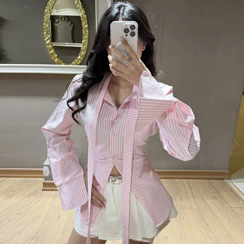 Women's Clothing 2026 Spring New Fashion Design Sense Striped Slim-fitting Lapel Long-sleeved Shirt