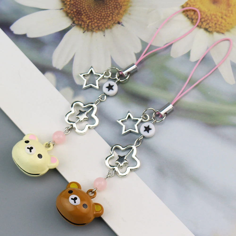 Lazy Brown Bear Bell Hanging Keychain Phone Strap Lanyard Chain Kawaii Cute Star Beaded Pendant Y2K Cardbook Ornament Ins Korea