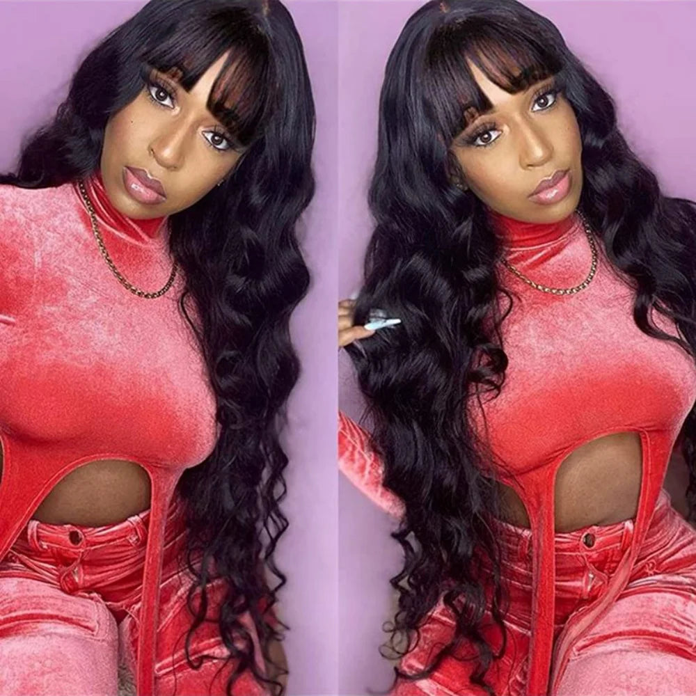 Body Wave Wigs with Bangs 3x1 Middle Part Lace Wig Human Hair Pre Plucked Body Wave Real Human Wigs with Bangs for Women 34 Inch