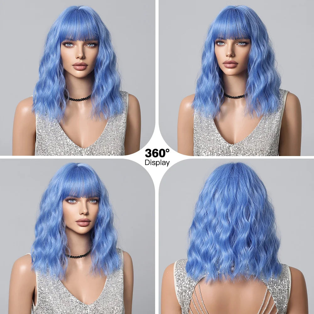 Sky Blue Short Bob Wigs for Women Synthetic Wavy Curly Wigs with Bangs Cosplay Halloween Blue Wig Natural Heat Resistant Hair