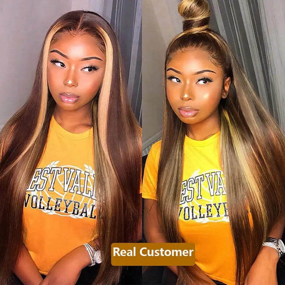 Highlight Colored Straight Lace Front Human Hair Wigs Honey Blonde 13X4 13x6 HD Transparent Lace Frontal Wigs For Black Women