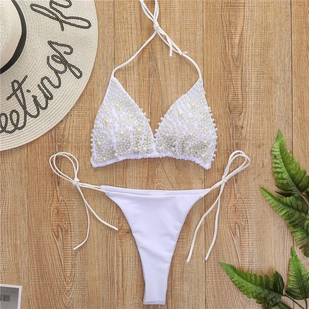 Pearl Bikini String Thong Swimsuit – Y2K Kawaii Two-Piece Swimwear