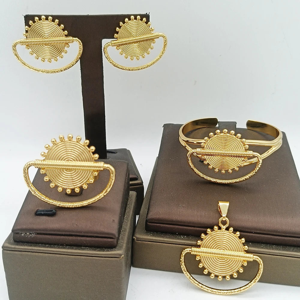 African Map Bridal Jewelry Set – 4-Set Luxury Gold Pendant Earrings, Bangles & Ring for Weddings
