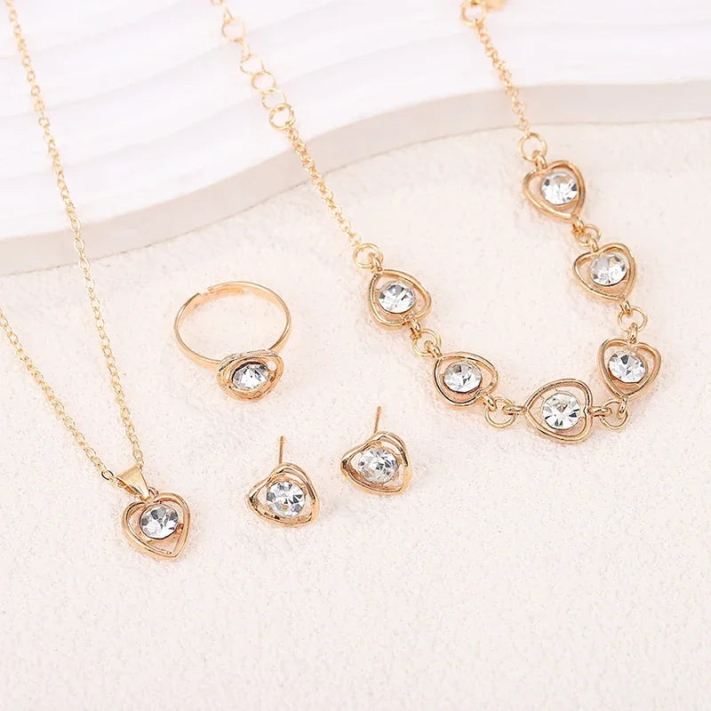 Gold Heart Shaped Jewelry Set – 5-Piece Rhinestone Double Heart Ring, Earrings & Necklace for Women
