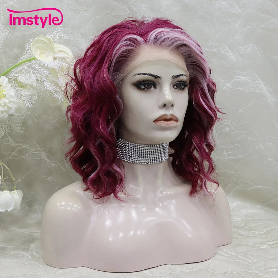 Imstyle Pink Wig Short Synthetic Lace Front Wig Deep Wave Highlight Heat Resistant Fiber Cosplay Wigs For Women 14 inch
