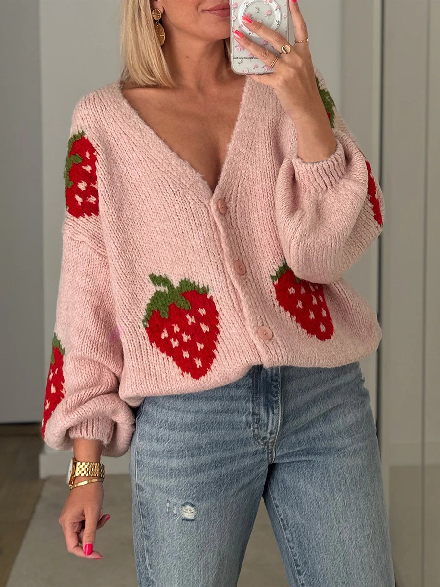 Women's Strawberry Knitted Cardigan – Button Closure Long Sleeve Fall Sweater Jacket