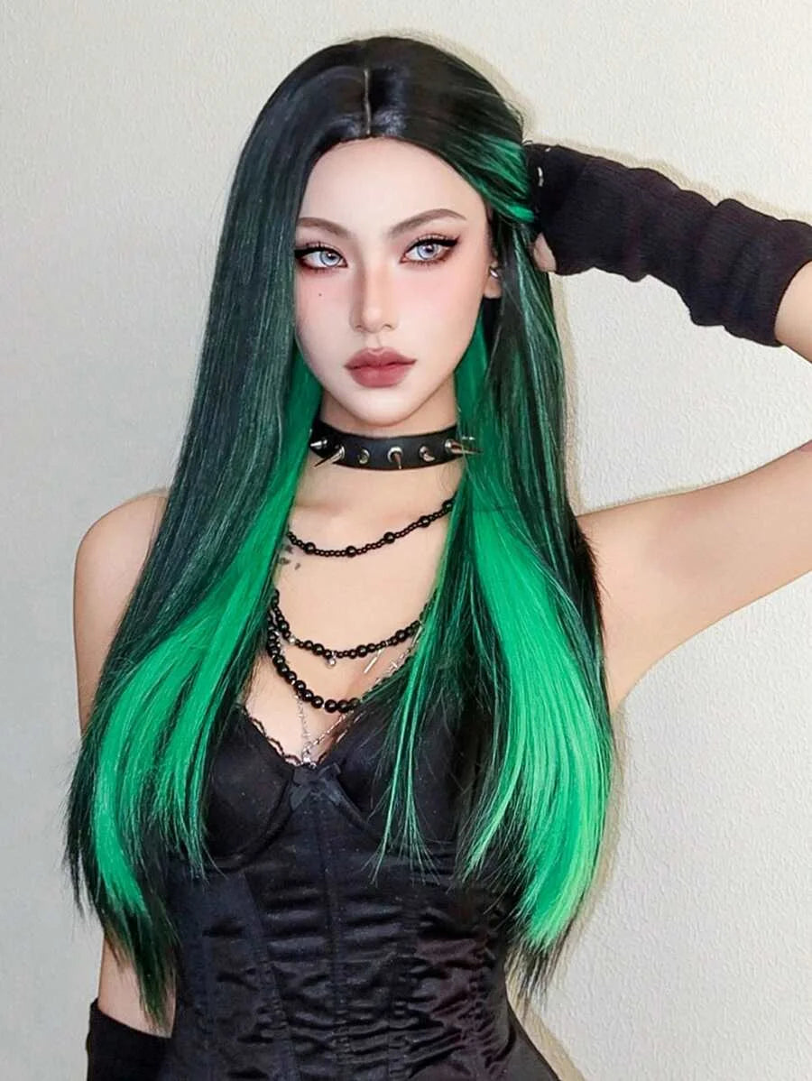 EASIHAIR Black With Green Cosplay Synthetic Wigs for Women Long Straight Middle Part Wig Natural Hair Party Daily Heat Resistant