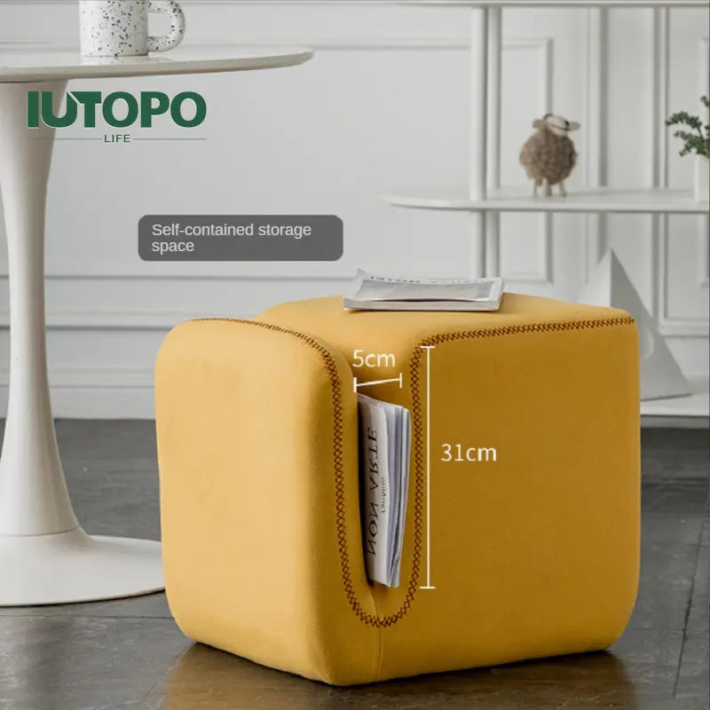 Nordic Hallway Pouf Ottoman – Fabric Shoe Changing Stool with Book Storage