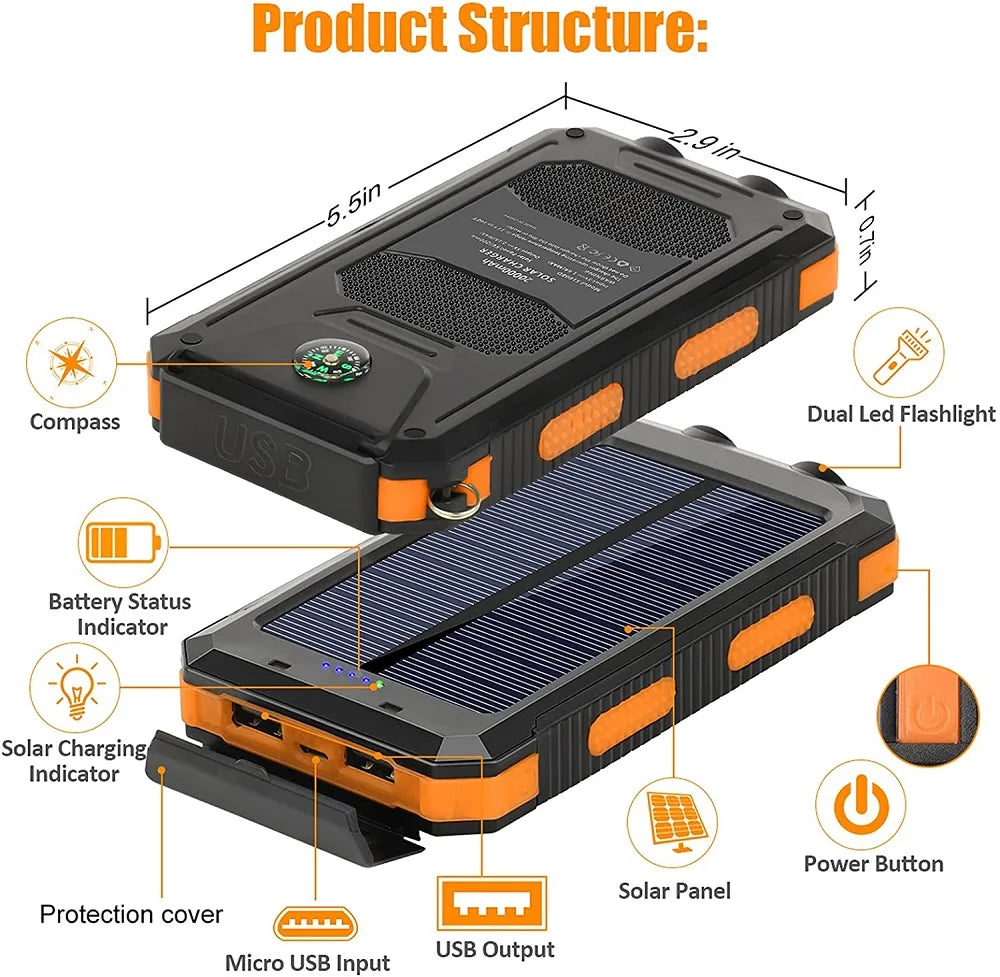 Solar Power Bank – 80000mAh Portable Charger with Strong LED Light for All Smartphones