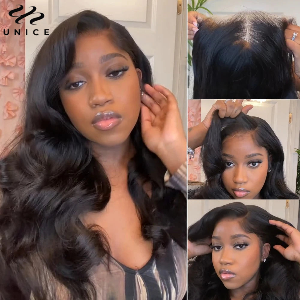 UNice Hair Upgrade Drawstring 13x4 Body Wave Human Hair Lace Frontal Wig Pre Cut Pre Bleached Pre Plucked Lace Wigs 150% Density