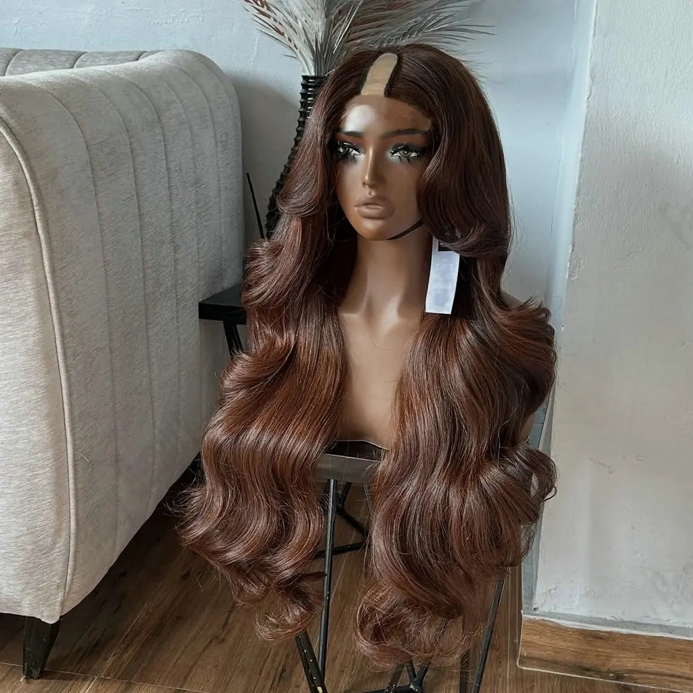 30inches Super Wavy Chestnut Brown 1X4 U Part Wig Human Hair for Black Women Machine Made Easy Wear Wig With Clips V Part Wigs