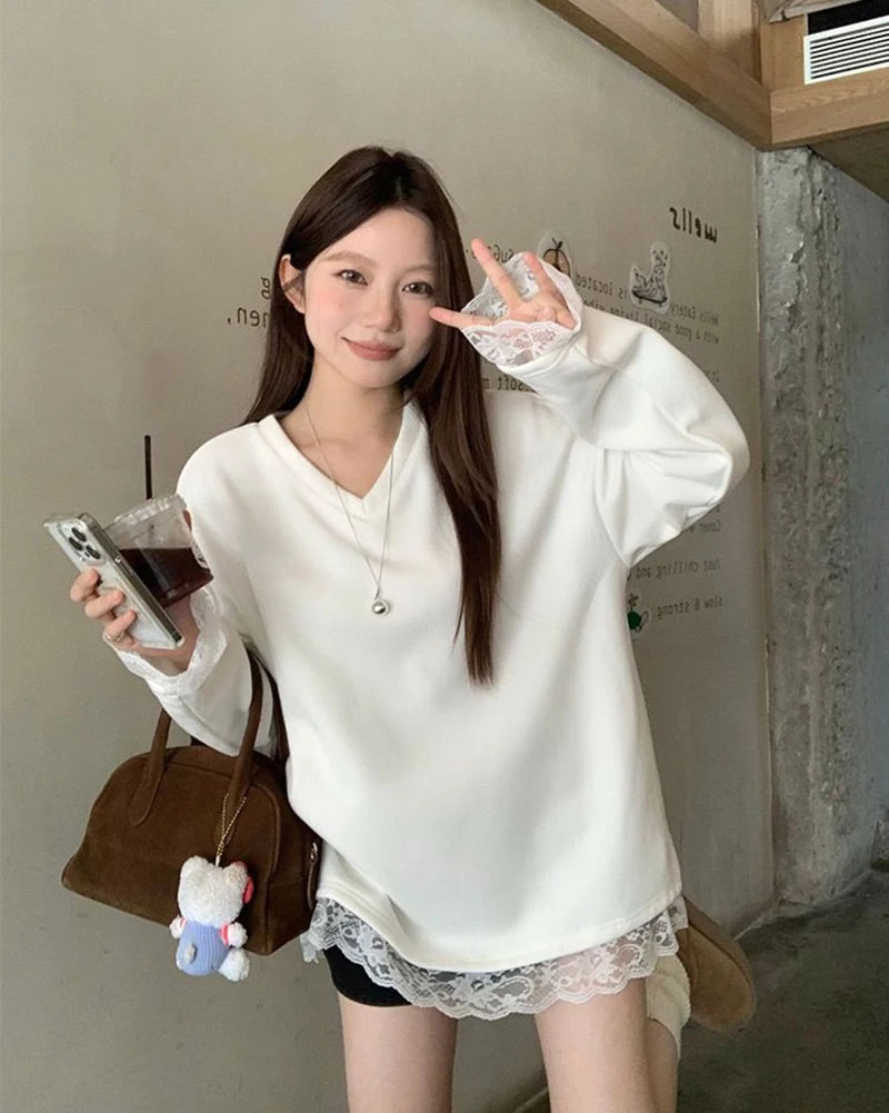 Chic Lace Patchwork Long Sleeve T Shirt Women Loose Warm White O Neck Tops Korean Fashion Office Ladies Casual V Neck Tees New