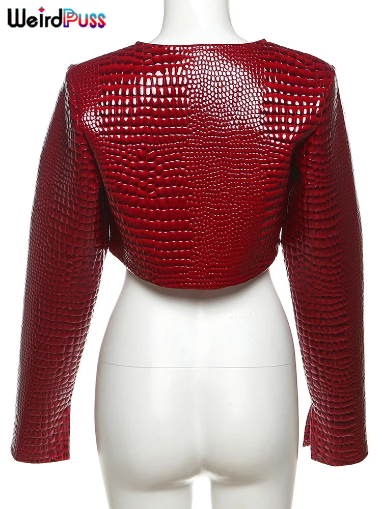 Faux Leather Snake Print Crop Jacket – Women's Streetwear Outwear Coat