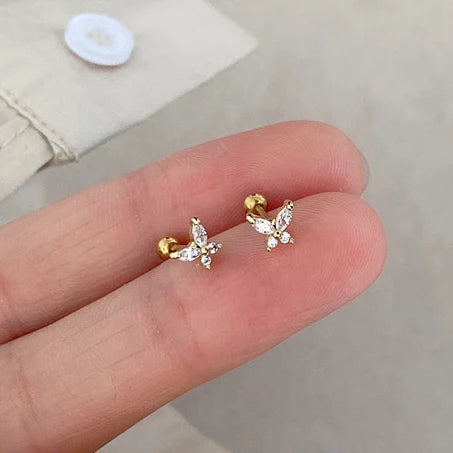 PONYKISS Silver Color Zircon Butterfly Bead Stud Earrings for Women Cute Fashion Jewelry Insect Accessories