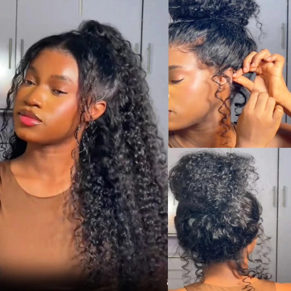 250% Density Deep Curly Half Wigs Human Hair Water Wave Wig Upgrade 3 IN 1 Half Wig With Drawstring Seamless Clip Ins Flip Over