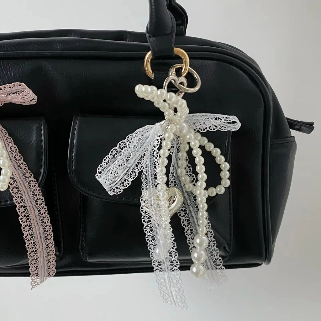 Y2k Imitation Pearls Lace Bowknot Keychain Sweet Beaded Pendant Keyring for Women Handbag and Backpack Key Chain Punk Ornament
