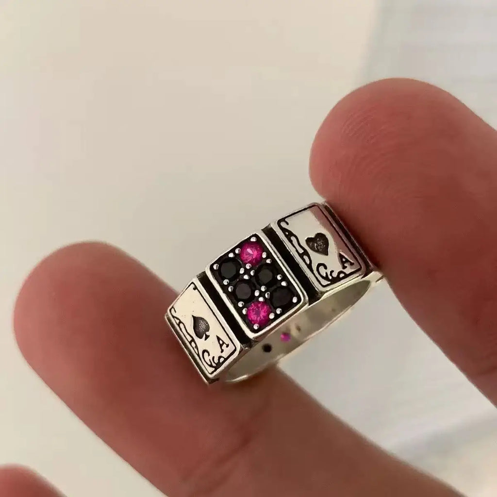 1PCS Aimple And Fashionable Retro Adjustable Poker Card Men's And Women's Antique Silver Ring, Suitable For Daily Party Wear
