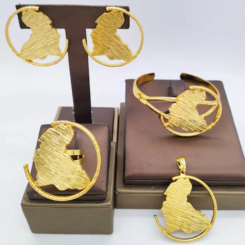 African Map Bridal Jewelry Set – 4-Set Luxury Gold Pendant Earrings, Bangles & Ring for Weddings