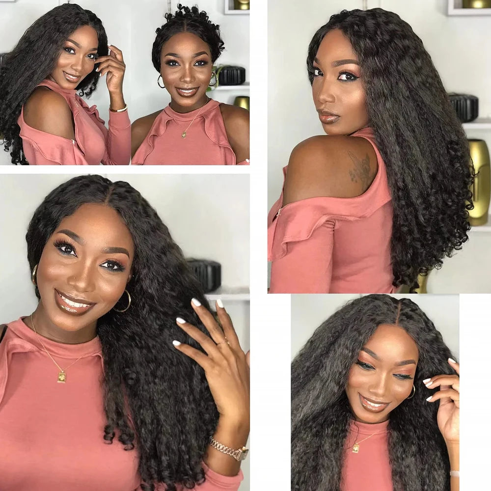 Yaki Straight Wigs with Bouncy Curls Clip in Half Glueless Wig 200% Density Upgrade V Part Synthetic Afro Curly Wigs For Women