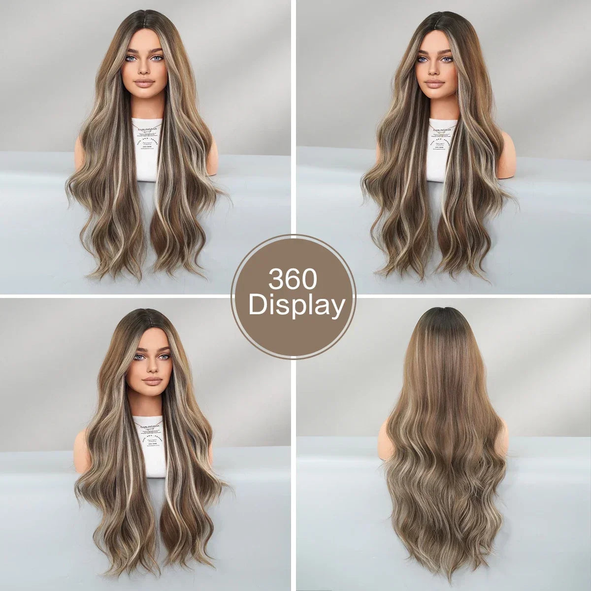 NAMM Long Wavy Honey Brown Wig Mid Split Highlight Beige Natural Synthetic Wig for Women Daily Party Cosplay Wigs Heat Resistan