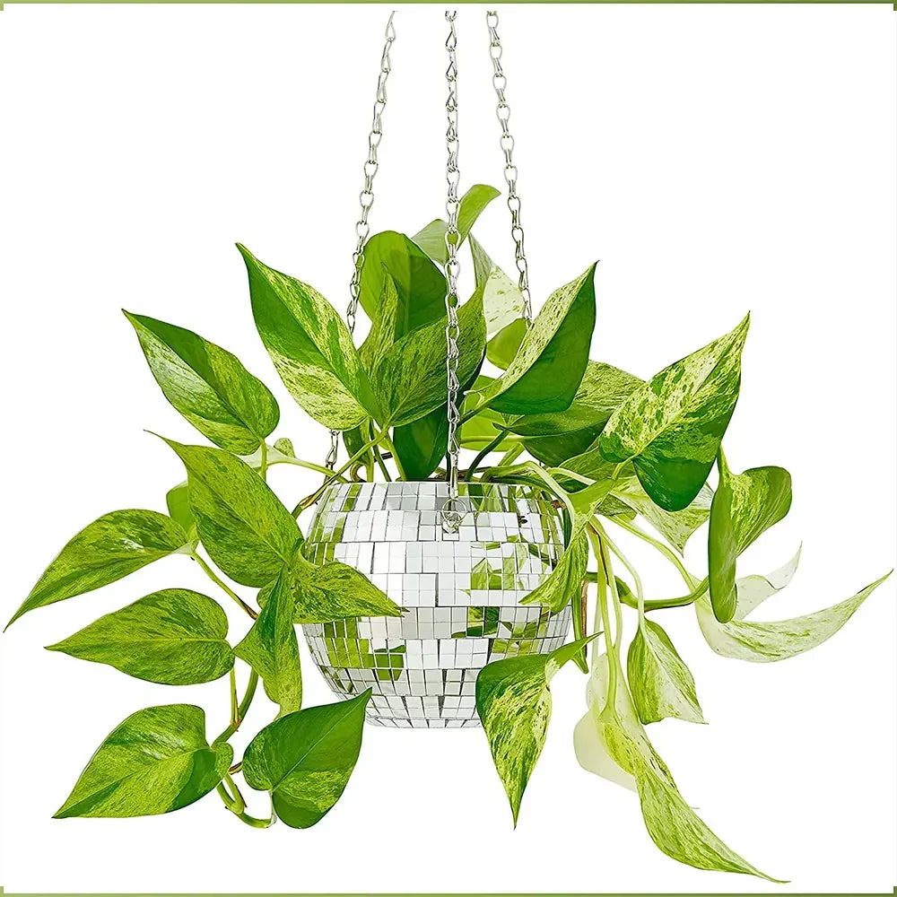 Disco Ball Hanging Flower Planter - Bohemian Rope Mirror Basket for Indoor Plants, Garden & Home Decor Vase