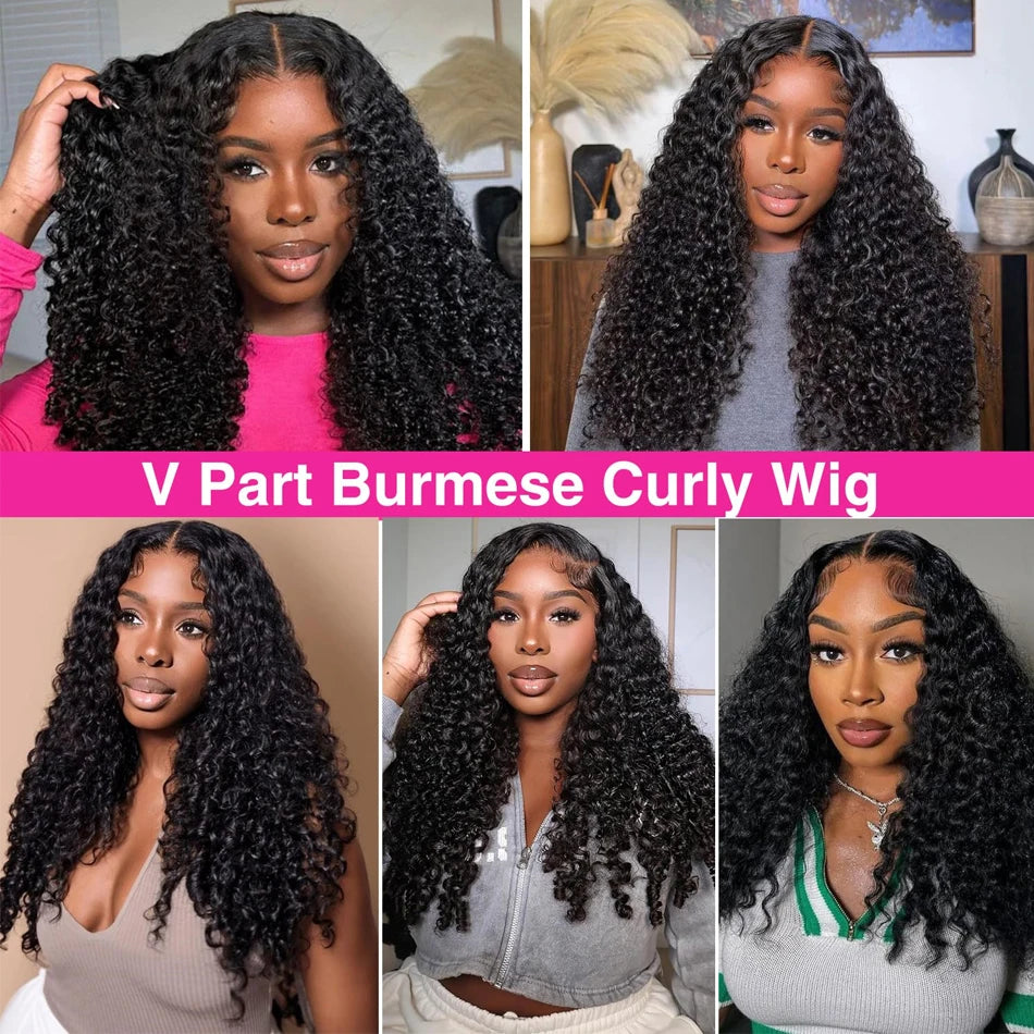 Burmese Curly 100% Glueless Human Hair V Part Wigs With Drawstring Virgin Wear And Go Burmese Curly Half Wig 230Density Headband