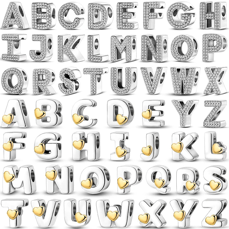 Fit Original 925 Sterling Silver Letter Charms Beads A-Z Golden Love Alphabet Charms For Women Fine DIY Birthday Jewelry Gifts