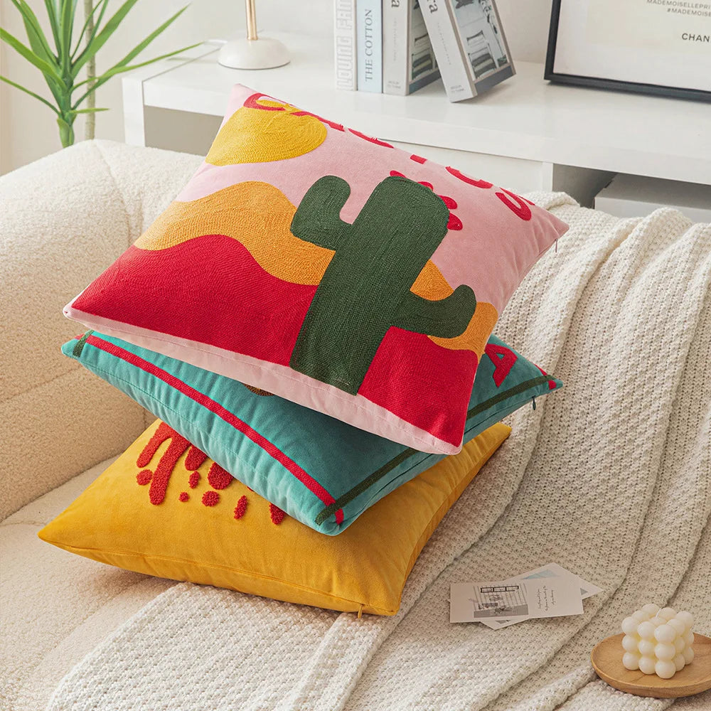 Ins Letter Fruit Embroidered Cushion Cover | 45×45cm Nordic Velvet Pillowcase | Handmade Home Decor