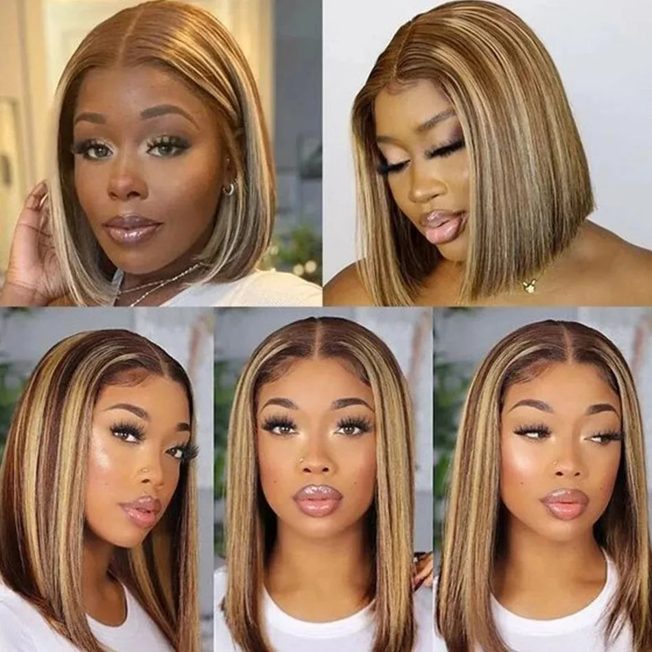 13x4 HD Short Ombre Blonde Wig Straight Bob Lace Front Wig Pre Plucked Synthetic Short Lace Frontal Wig Glueless Daily Cosplay