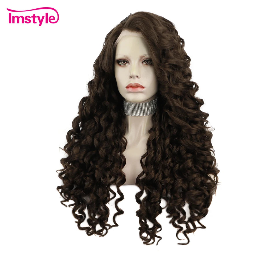 Imstyle Synthetic Lace Front Wig Curly Hair Brown Wigs For Women Heat Resistant Fiber Red Black Long Lace Wig Cosplay Daily Wig