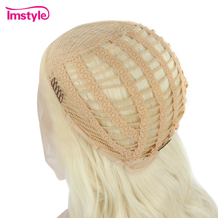 Imstyle Platinum Blonde Wig Long Synthetic Lace Front Wig Natural Wavy Wig For Women Heat Resistant Fiber Cosplay Wigs