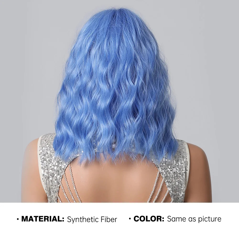 Sky Blue Short Bob Wigs for Women Synthetic Wavy Curly Wigs with Bangs Cosplay Halloween Blue Wig Natural Heat Resistant Hair