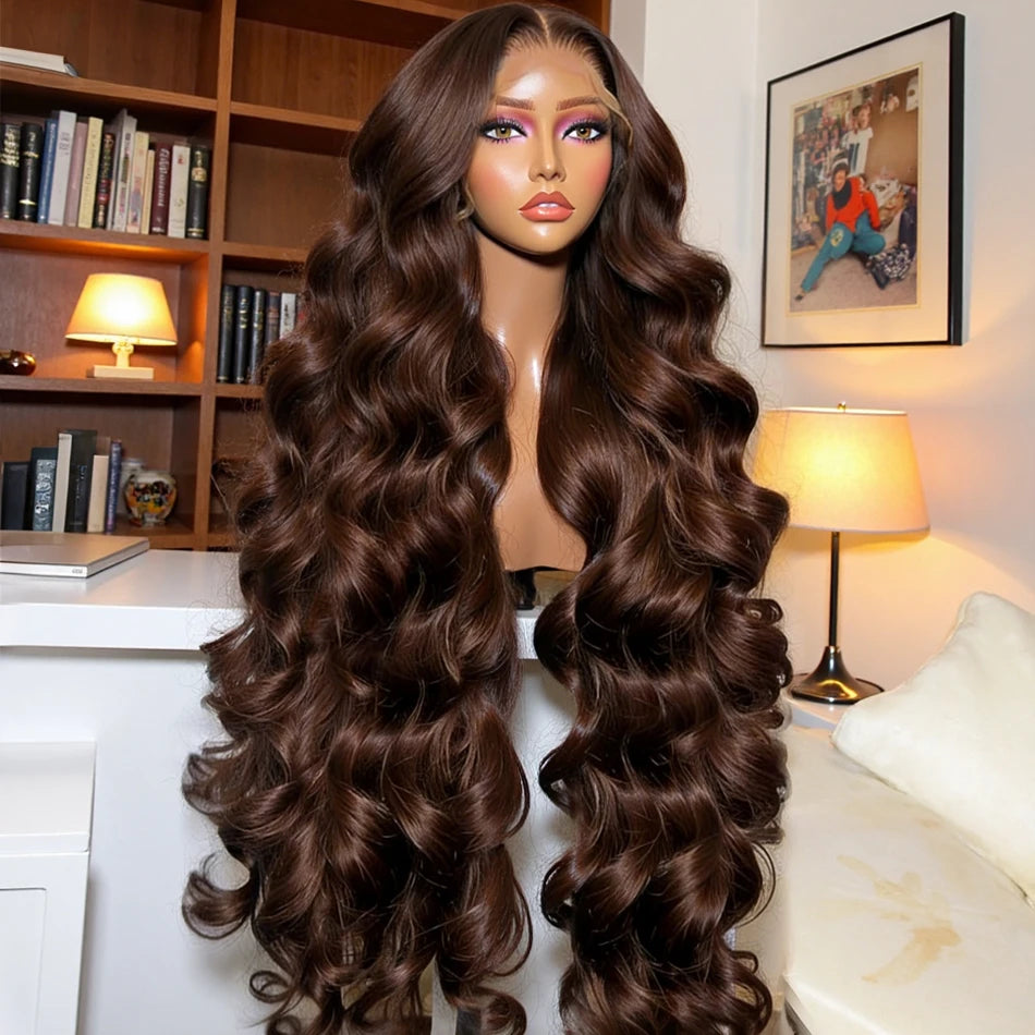 Body Wave Chocolate Brown Lace Front Wig Human Hair 220 Density Frontal Lace Wigs 30 Inch 13x6 HD Transparent Lace Human Wigs