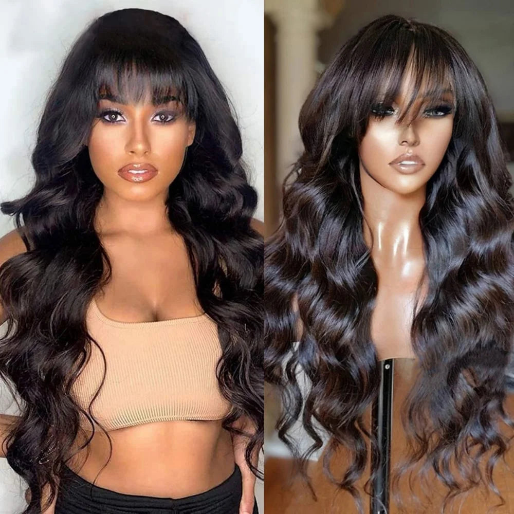 Body Wave Wigs with Bangs 3x1 Middle Part Lace Wig Human Hair Pre Plucked Body Wave Real Human Wigs with Bangs for Women 34 Inch