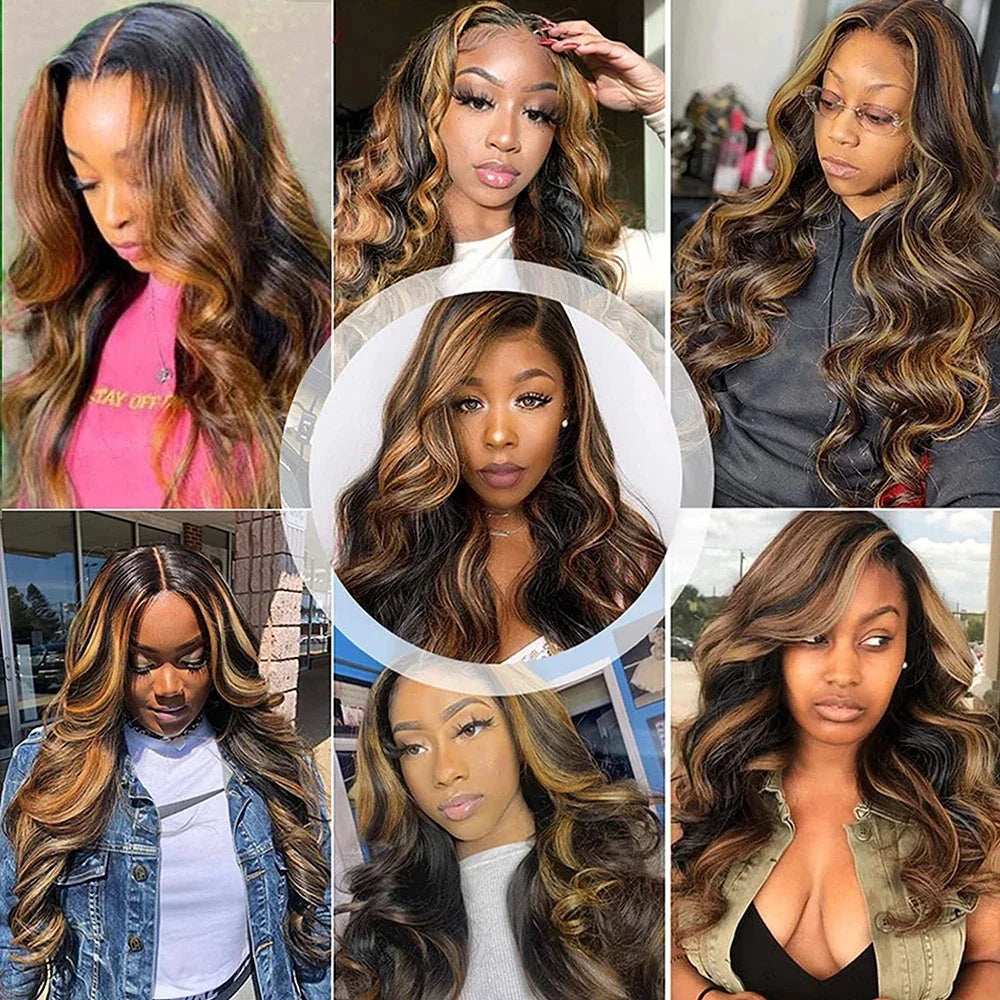13X6 Body Wave Synthetic Lace Front Wigs For Black Women Honey Blonde Highlight Body Wavy Lace Wigs Heat Resistant Cosplay Wig