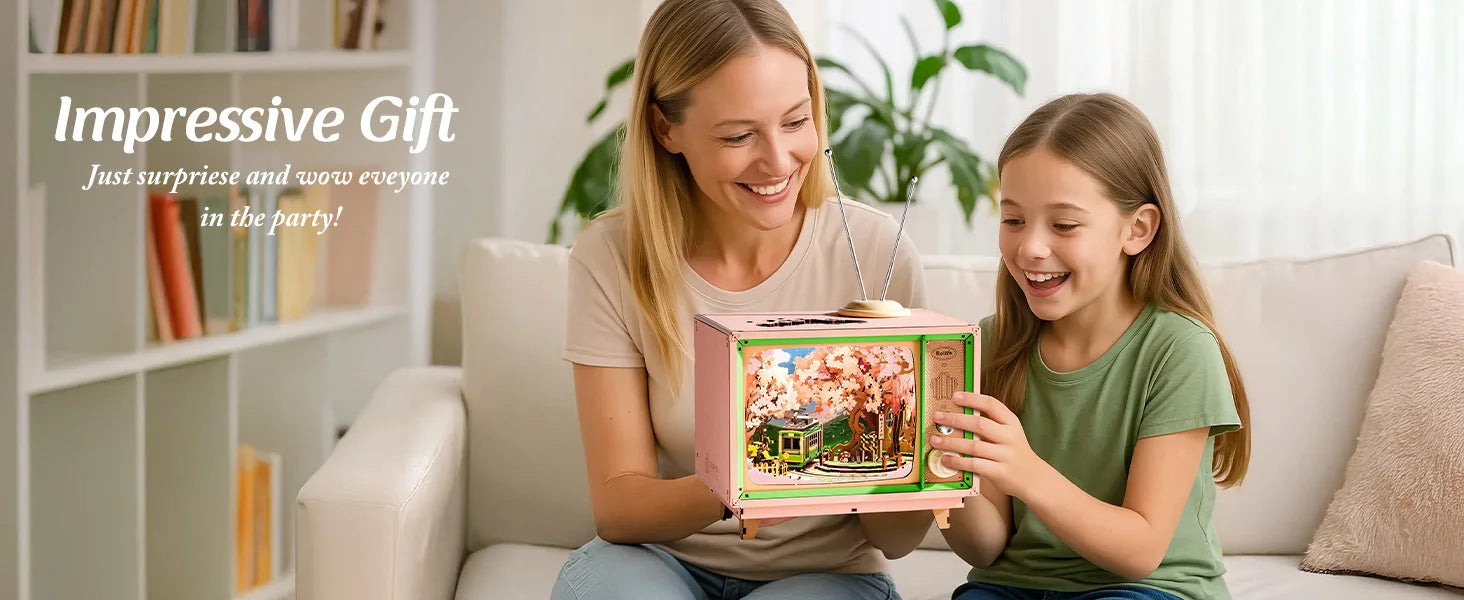 Robotime Rolife Sakura Dreamy Tour 3D Wooden Puzzle Music Box | LED Light & Moving Tram | Therapeutic DIY Gift for Teens & Adults