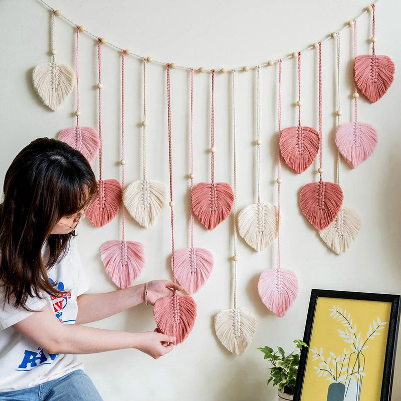 Boho Macrame Leaf & Feather Wall Hanging | Handmade Tapestry Wall Art | Living Room Bedroom Boho Home Decor