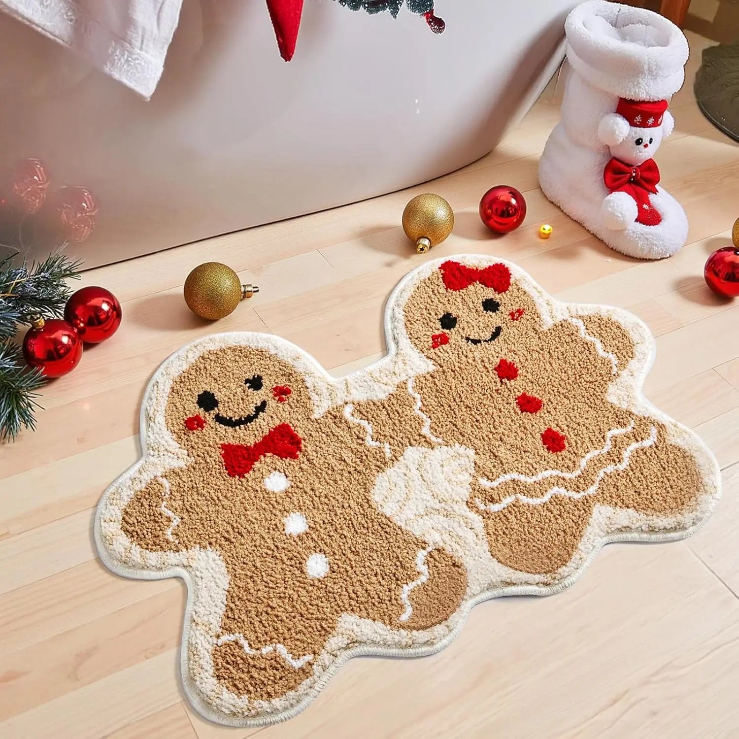 VIKAMA Christmas Gingerbread Man Couple Carpet Bedroom Soft Comfortable Foot Pad Bathroom Non Slip Absorbency  Mat Home Decor