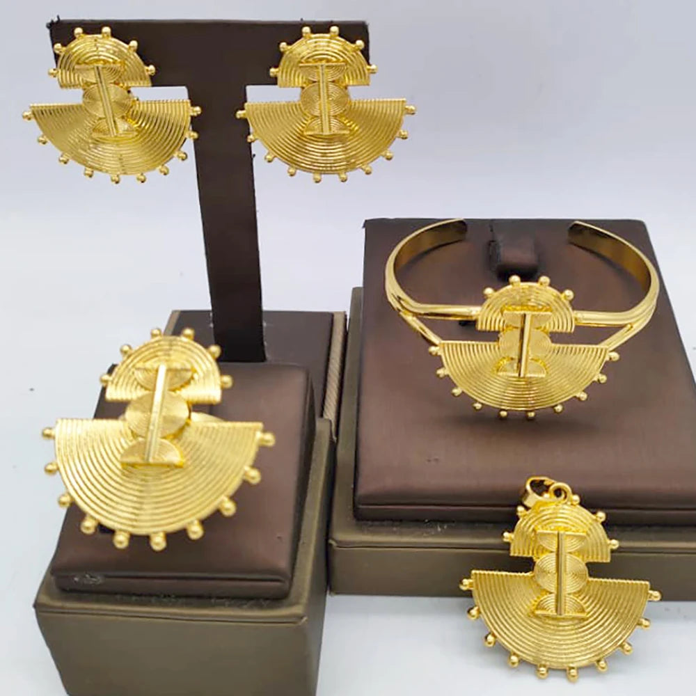 African Map Bridal Jewelry Set – 4-Set Luxury Gold Pendant Earrings, Bangles & Ring for Weddings