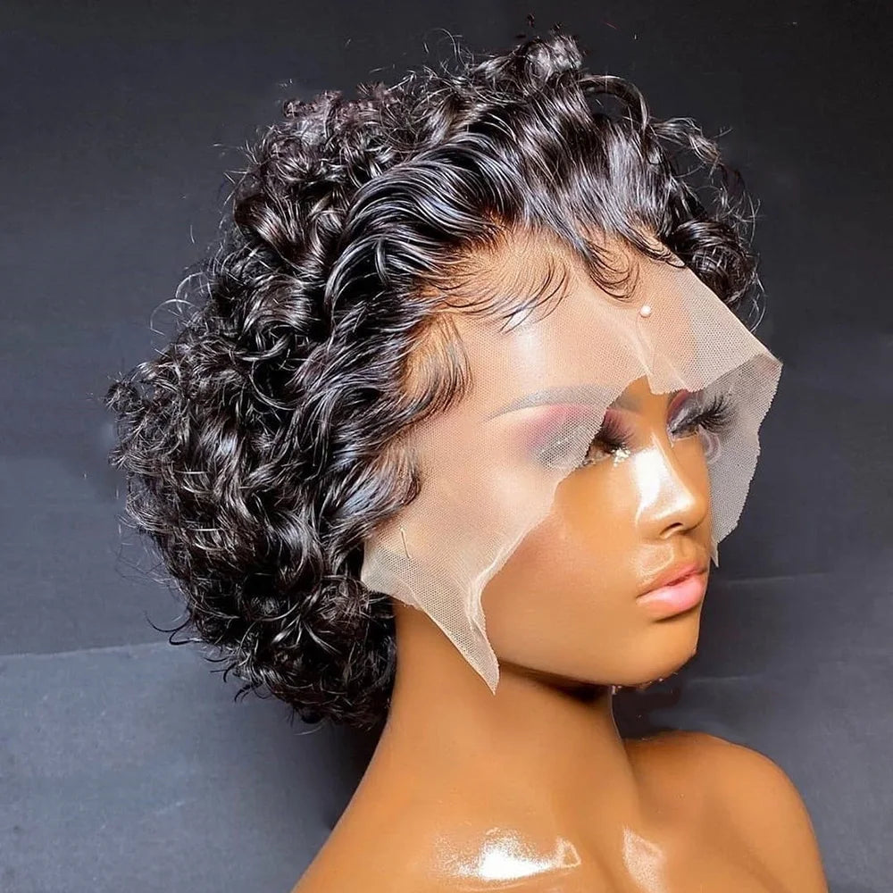 Pixie Cut Wig Transparent Lace Front Human Hair Wig Short Kinky Curly Bob Wigs Brazilian Water Wave Human Hair Wigs For Women