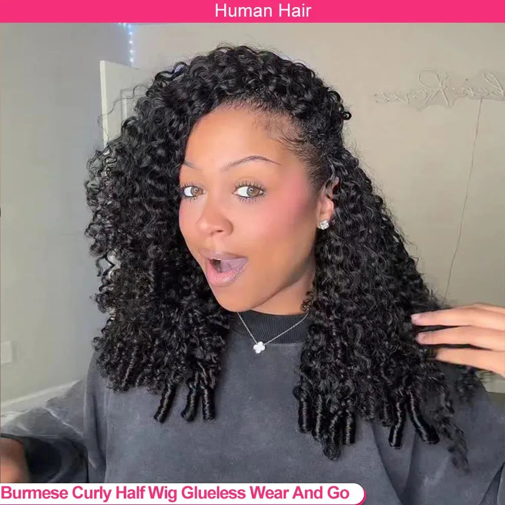 Vietnamese Burmese Curly Half Wig Glueless  Raw Human Hair Half Wig With Drawstring Seamless Clips Deep Wave 3 IN 1 Half Wig