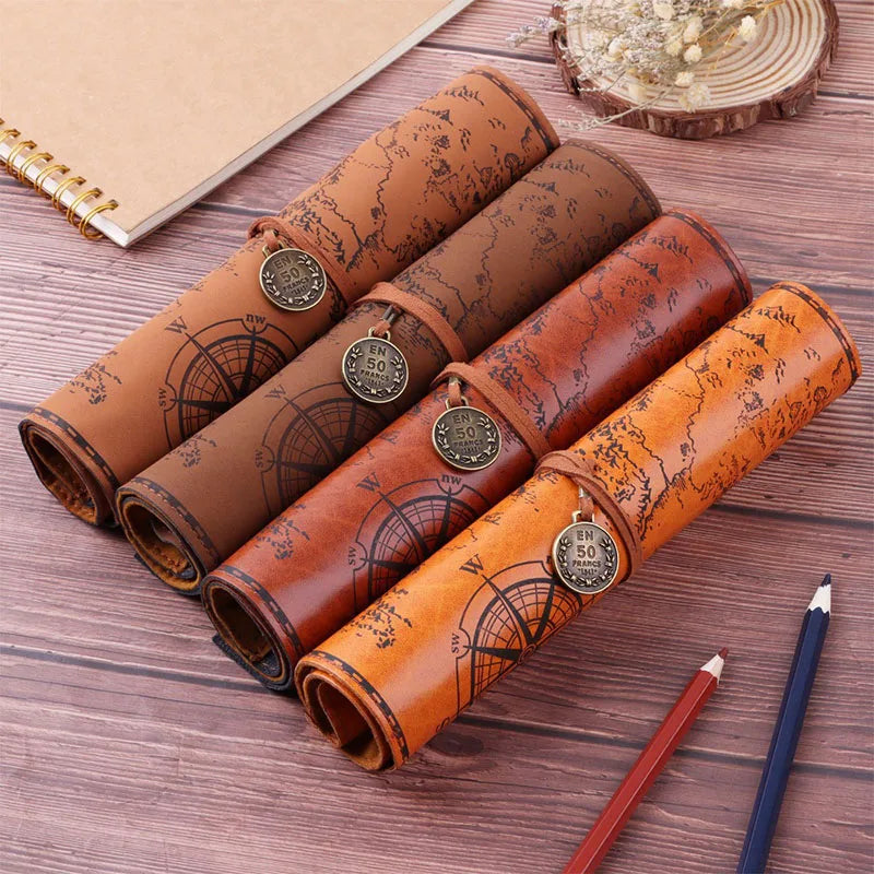 Treasure Map Leather PU Retro Boy Girl Pencil Bag Cosmetic Bag Roll Pen Bag For Student Gifts Stationery Brush Makeup Supplies
