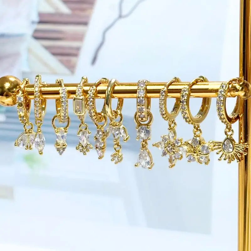 WOMEN 925 Silver Needle Water Drop Geometric Zircon White Zircon Crystal Flowers Pendant Hoop Earrings Fashion Wedding Jewelry