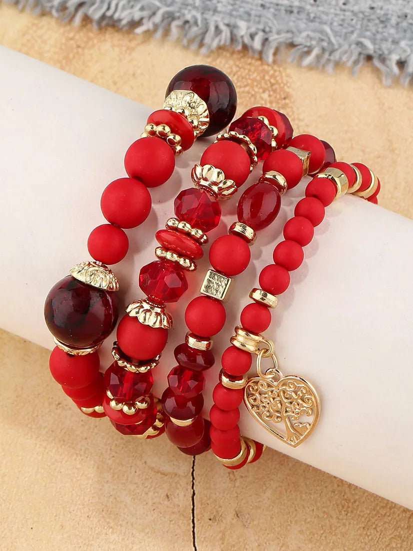 New Acrylic Beads Chain Bracelet Set For Women Tree Of Life Charm Elastic Bangle Female Bohemian Jewelry Accessories