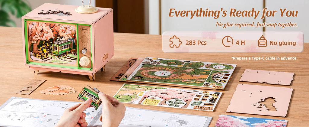Robotime Rolife Sakura Dreamy Tour 3D Wooden Puzzle Music Box | LED Light & Moving Tram | Therapeutic DIY Gift for Teens & Adults