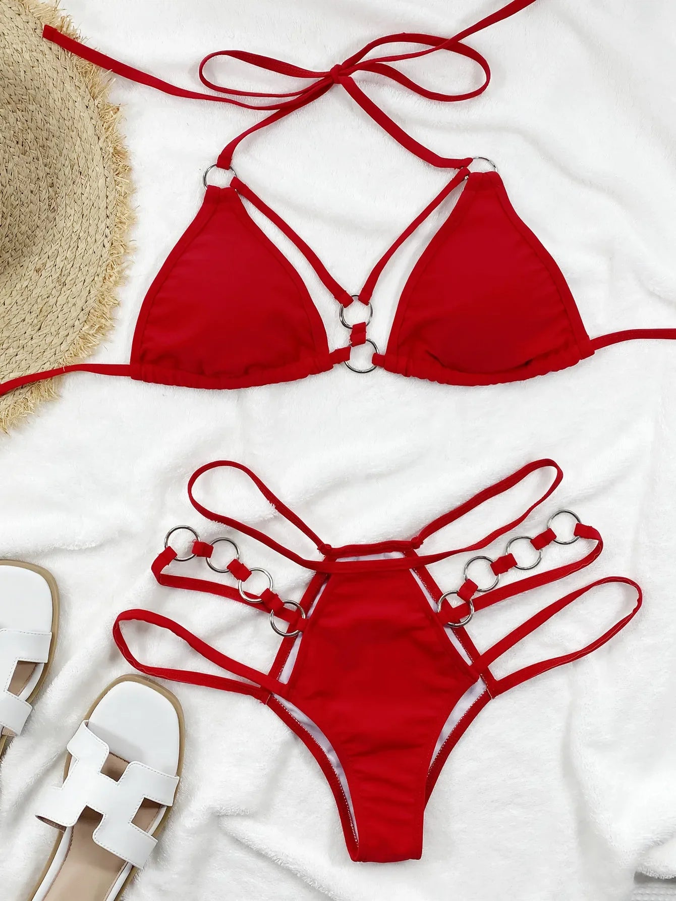 Hollow Halter Bikini Set with Metal Ring – Women's Solid Swimwear