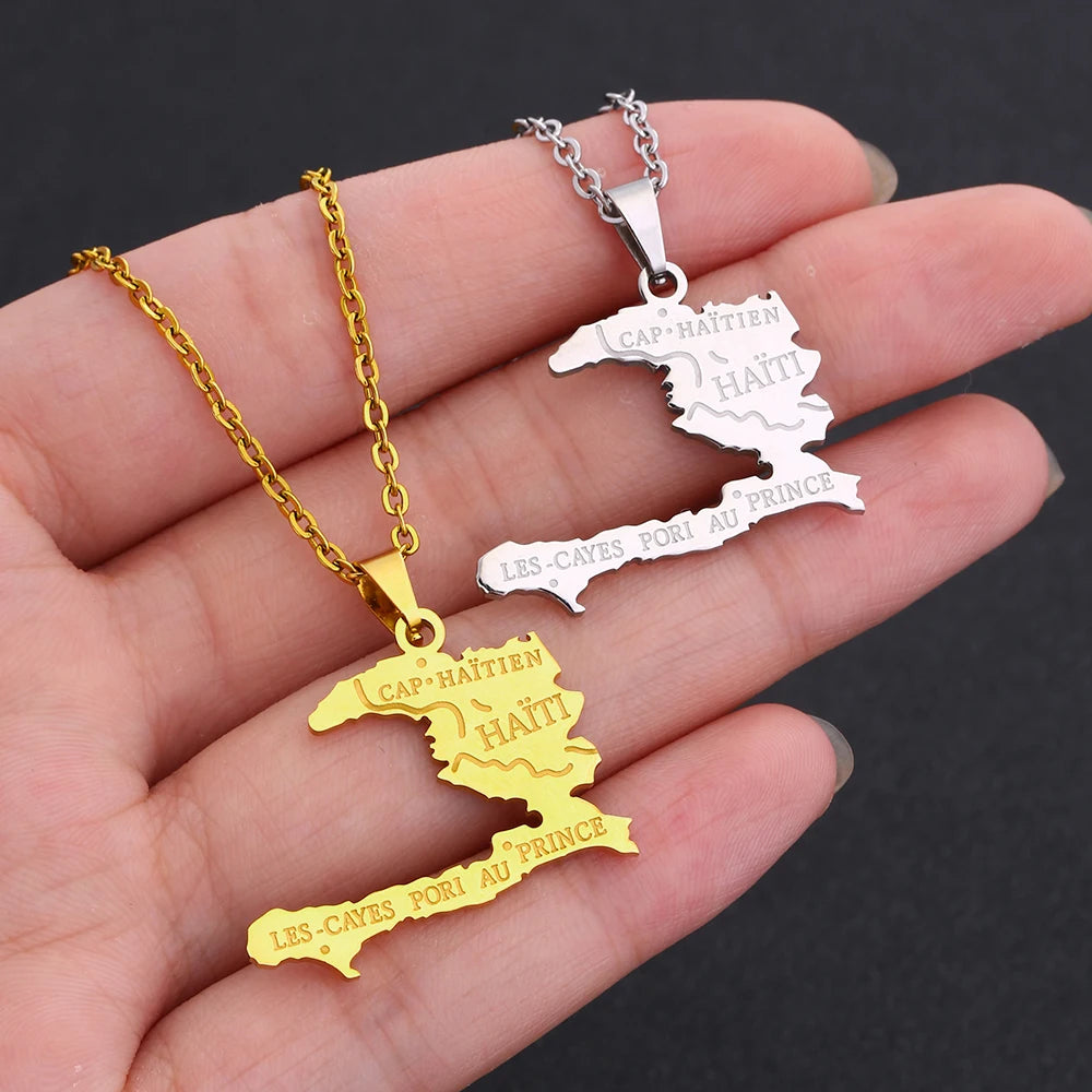 Haiti Map Pendant Necklace – Stainless Steel Ayiti Country Jewelry for Men & Women