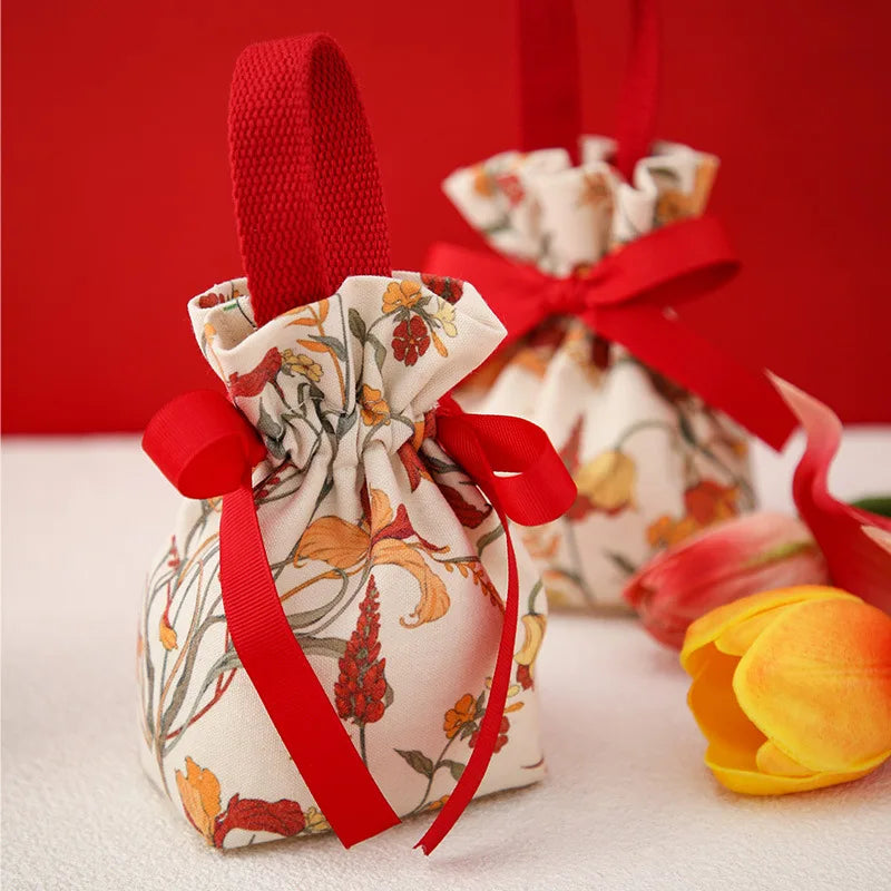 5/10pcs Portable Drawstring Handheld Canvas Candy Bags with Floral Pattern & Ribbon Bow Soft Reusable Wedding Gift Packing Bags