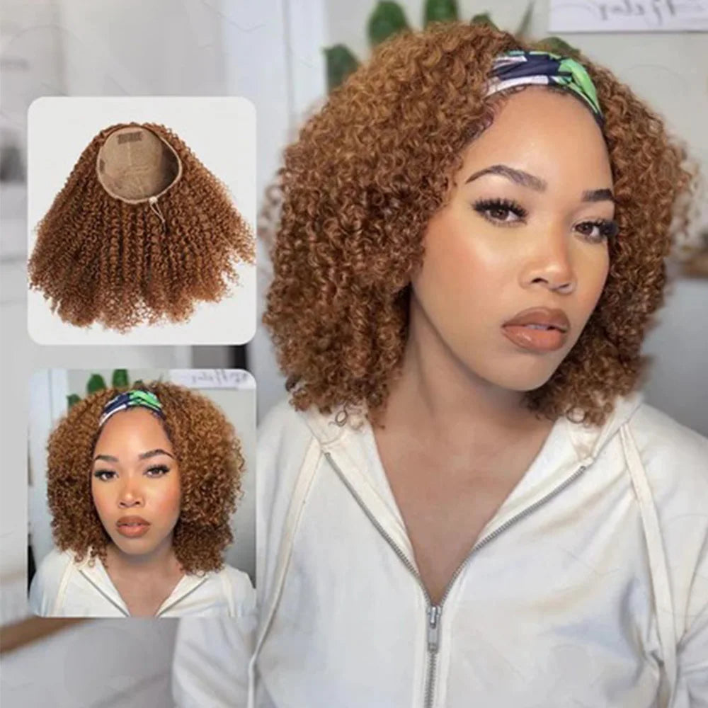 Auburn Brown Color 3 IN 1 Kinky Curly Half Wig Human Hair Clip-in Upgrade Glueless Wig Machine Made Invisible Hairline